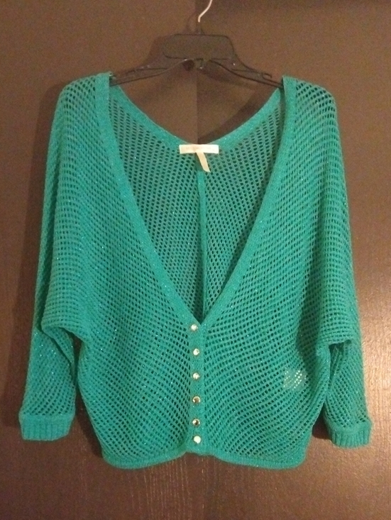 Miss Morena Sweaters - Open-Weave Teal V-Neck Button-Front Sweater